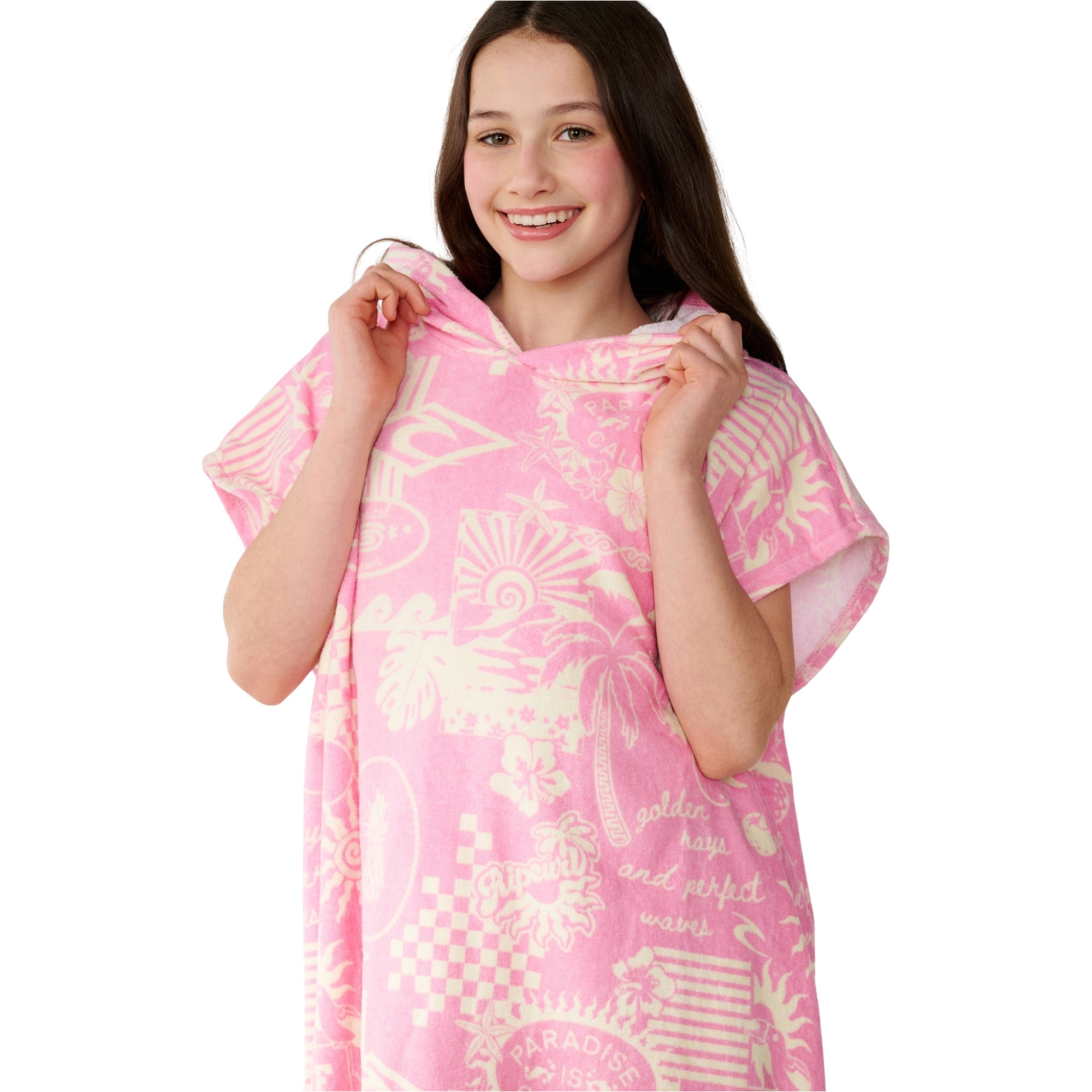 2026 Rip Curl Junior Gemengd Hooded Handdoek 00GGTO - Natuurlijk / Pink
